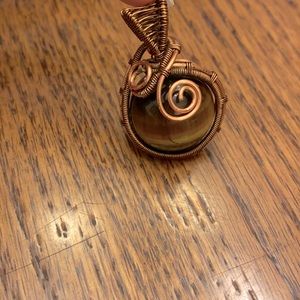 Tiger Eye Stone Circle Marble Ball Copper Wire Wrapped Necklace Pendant Swirl